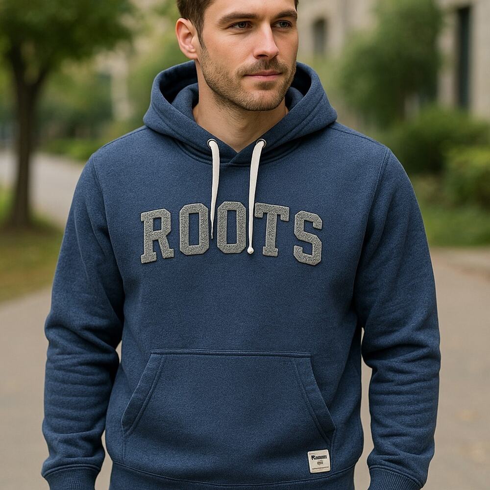 Roots Men’s Medium Hoodie Blue Pullover Sweatshirt Logo Kangaroo Pocket